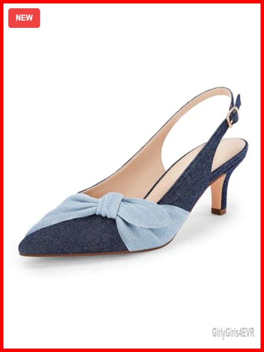 Womens Denim Slingback Kitten Heels Closed Pointed Toe Dress Pumps